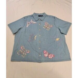 VTG Denim Button Up Blouse Top 4X Tag Embroidered Embellished Butterflies Floral